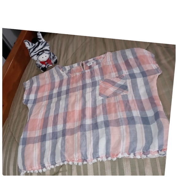 Neutral Check Print Linen Cotton Blend Gray White Peach Orange Top Size Large● - Picture 12 of 16